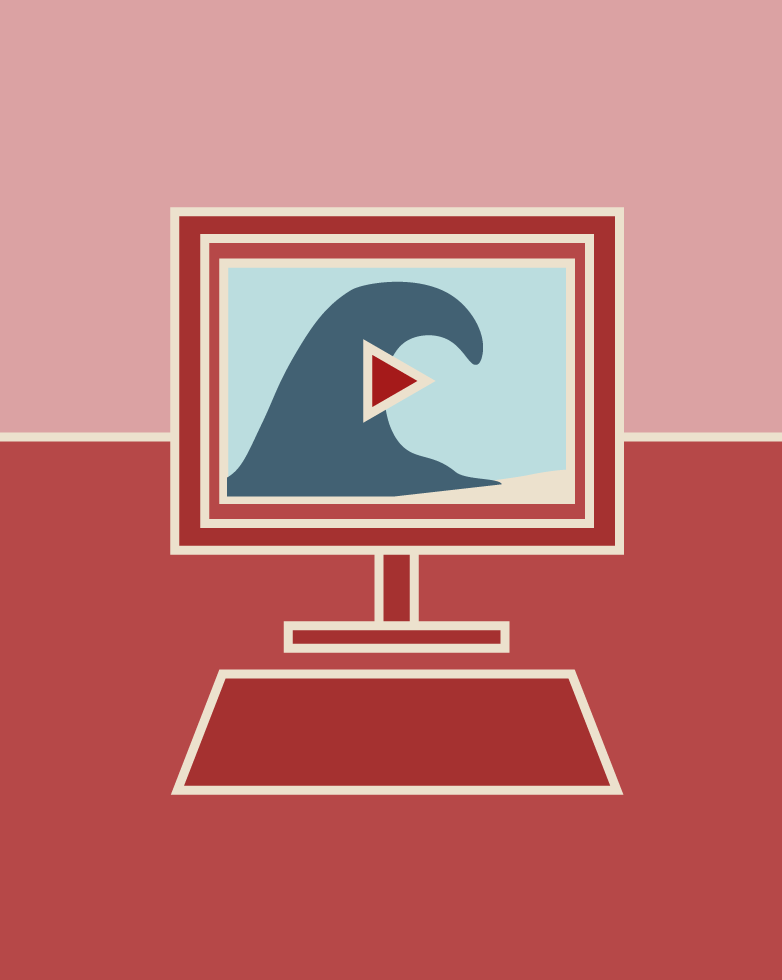 Illustration of a computer with a simulation of a tsunami wave